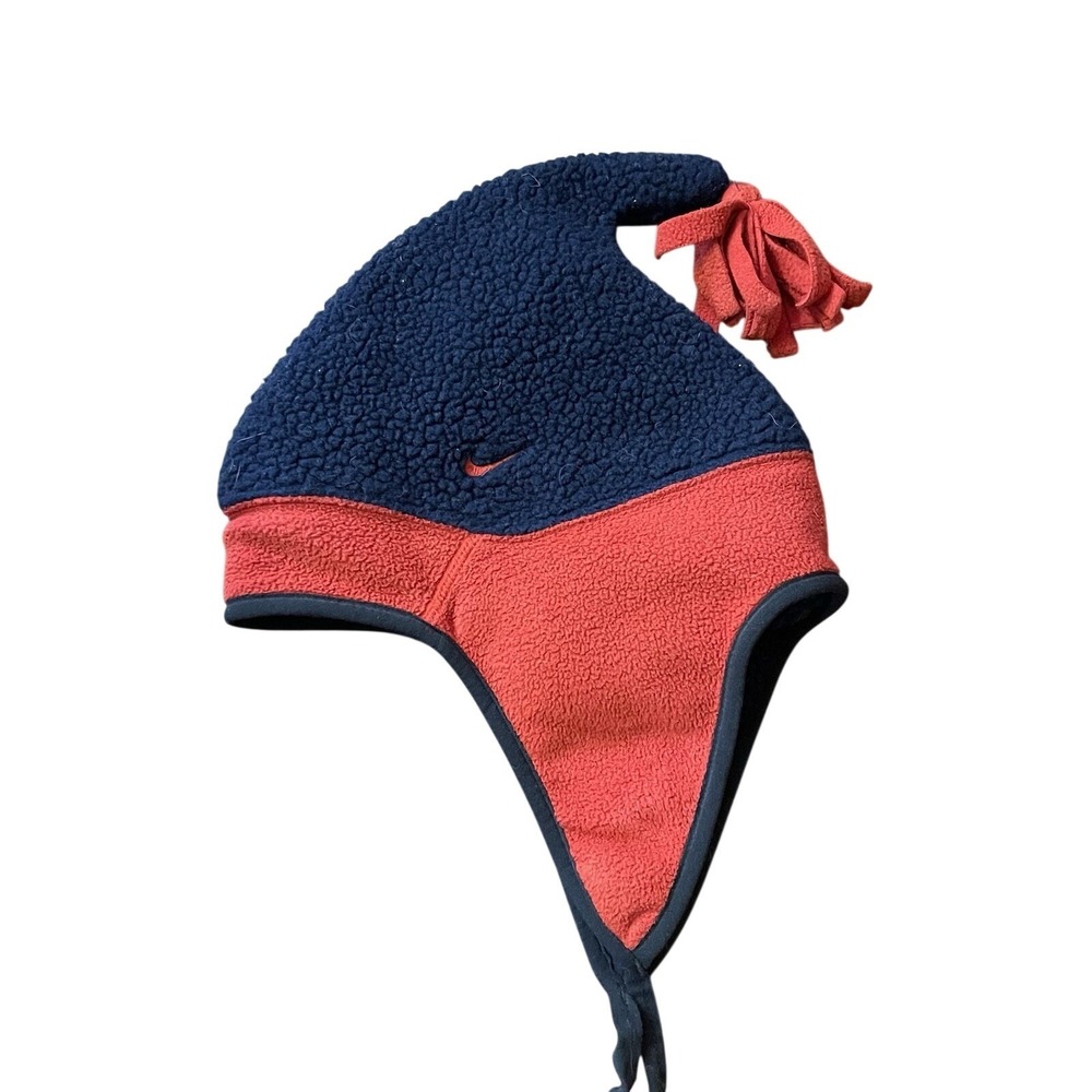VTG Rare 90s Y2k Nike Fleece Sherpa Winter Ski Hat Cap Red Blue Tassel One Size
